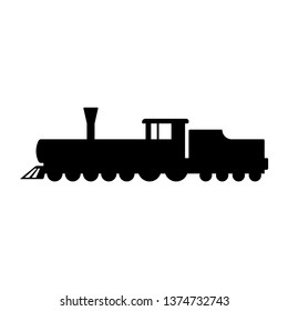 Old steam locomotive. Black silhouette. Side view. Vector drawing. Isolated object on white background. Isolate.