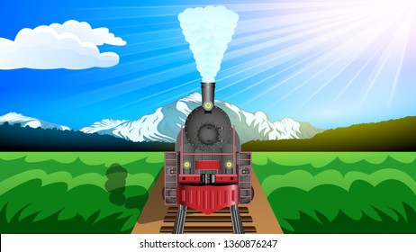 Old steam Locomotive, front view. Beautiful mountain landscape, snowy peaks, green valley, Sunny day, Blue sky. Realistic horizontal banner vector.