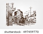 Old steam locomotive isolated on white background. Hand drawn illustration.
