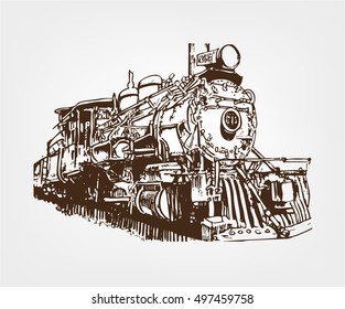 Old steam locomotive isolated on white background. Hand drawn illustration.