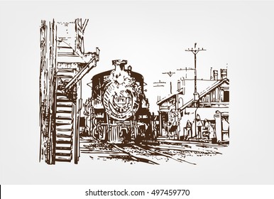 Old steam locomotive isolated on white background. Hand drawn illustration.