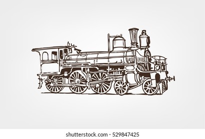 Old steam locomotive isolated on white background. Hand drawn illustration.