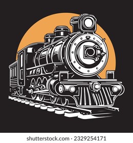 Old steam locomotive on rails. Vector logo isolated on black background