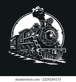 Old steam locomotive on rails. Vector logo isolated on black background