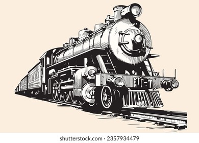 Old steam locomotive on rails. Vector logo isolated on beige background