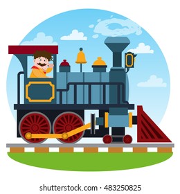 The old steam locomotive. Railway transport. Game background.