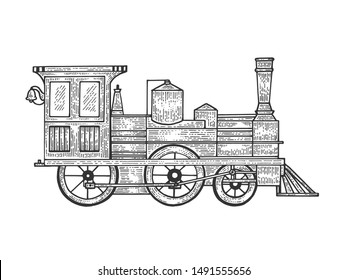 Old steam locomotive train transport sketch line art engraving vector illustration. Scratch board style imitation. Black and white hand drawn image.