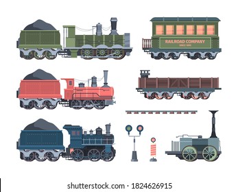 Old steam locomotives set. Comfortable green cars semaphores retro powered trains coal trailers classic rail travel with smoke artistic color designs convenient transportation. Art vector.