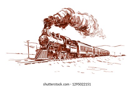 Old Steam Train. Hand Drawn Illustration