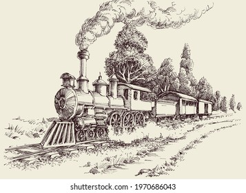 Old Steam Train On Railways Landscape Stock Vector (Royalty Free ...