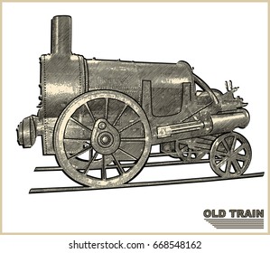 Old steam train on white background. Vintage vector illustration. 