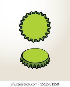 Old steel cola crown tap shape on white space for text. Bright green hand drawn glass pop booze cocktail object logo pictogram badge banner frame design in art retro cartoon style. Close up macro view