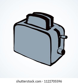Old steel cookery baker pot device on white backdrop. Freehand line black ink hand drawn fast cooked maker object logo in art retro doodle cartoon style pen on paper space for text. Isometric view