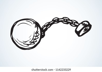 Old steel free gyve burden ring on white backdrop. Judgment caught felon victim. Black ink line drawn debt slave concept logo sketch in retro art doodle cartoon style pen on paper space for text