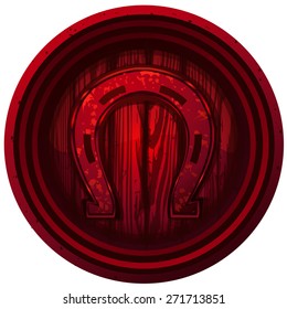 Old Steel Horseshoe on a round Grunge Wooden Shield, Vector Illustration isolated on White Background.