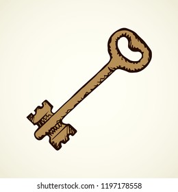 Old steel latchkey for rental immovables on white backdrop. Freehand line black ink hand drawn room object logotype sketchy in retro art doodle style pen on paper. Closeup view with space for text