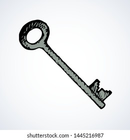 Old steel latchkey for rental immovables on white backdrop. Freehand line black ink hand drawn room object logotype sketchy in retro art doodle style pen on paper. Closeup view with space for text