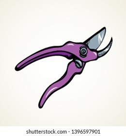 Old steel lilac lop mower plier on white space for text. Bright purple color drawn sharp purple twig grow snip object logo pictogram emblem badge in clip art vintage doodle cartoon style. Closeup view