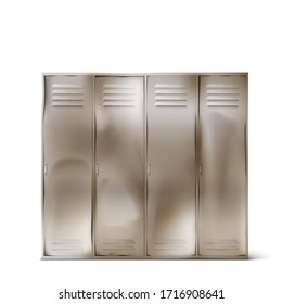 Old steel lockers with dents in school corridor or changing room in gym. Vector realistic rumpled metal cabinets with closed doors in sport or fitness club isolated on white background