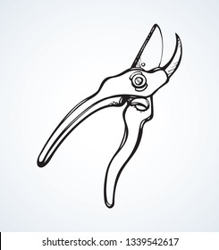Old steel lop mower plier on white space for text. Outline black ink drawn sharp tree twig grow snip object logo pictogram in clip art vintage doodle cartoon engrave style pen on paper. Closeup view