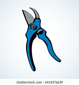 Old steel lop mower plier logotype on white space for text. Bright blue color drawn sharp tree twig grow snip object logo pictogram emblem in clip art vintage doodle cartoon style. Closeup side view