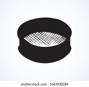 Old steel mesh percolate pot on white backdrop. Dark black ink hand drawn water filter bowl object logotype emblem in art retro contour etching print style. Close-up view with space for text