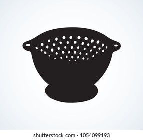 Old steel mesh percolate pot on white backdrop. Dark black ink hand drawn water filter bowl object logotype emblem in art retro contour engraving print style. Close-up view with space for text