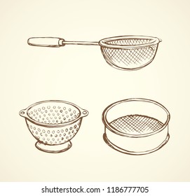 Old steel mesh percolate pot on white backdrop. Freehand line black ink hand drawn water filter bowl object logo emblem sketchy in art retro scribble engraving style pen on paper