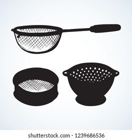 Old steel mesh percolate pot on white backdrop. Dark black ink hand drawn water filter bowl object logotype emblem in art retro contour engraving print style. Close-up view with space for text
