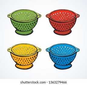 Old steel mesh percolate pot on white backdrop. Bright multi color hand drawn archaic water filter wooden bowl object logo emblem pictogram in art retro scribble comic style with space for text