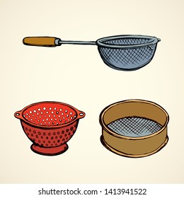 Old steel mesh percolate pot on white backdrop. Bright multy color hand drawn archaic water filter wooden bowl object logo emblem pictogram sketchy in art retro scribble comic style on space for text