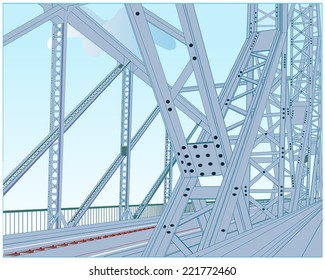 Old, steel, riveted railway bridge over the river, past the construction of a footbridge, all painted blue-gray, rivets significant