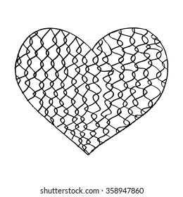 old Steel wire mesh fence with heart. Hand drawing illustration.