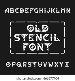 Old stencil alphabet vector font. Type letters on a dark background. Vintage vector typeface for labels, headlines, posters etc.