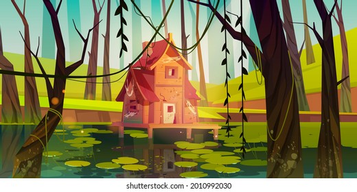 Old stilt house in swamp in forest