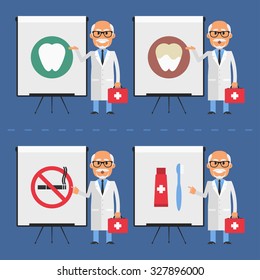 Old stomatologist indicates on flip-chart