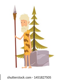 Old stone age man with spear. Caveman Cartoon Character.