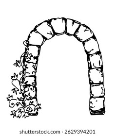 Arco de pedra velho, portão, entrada entrelaçada com hera. Ruínas históricas antigas. Desenho de vetor de tinta desenhado à mão simples.