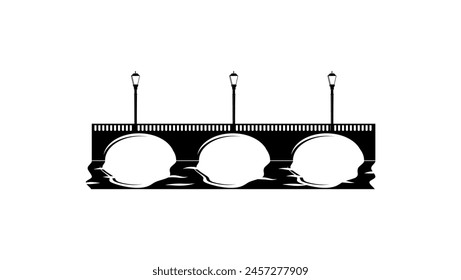 emblema de puente de piedra vieja con lámparas, silueta aislada negra