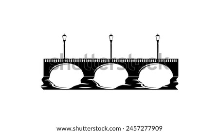 old stone bridge emblem with lamps, black isolated silhouette