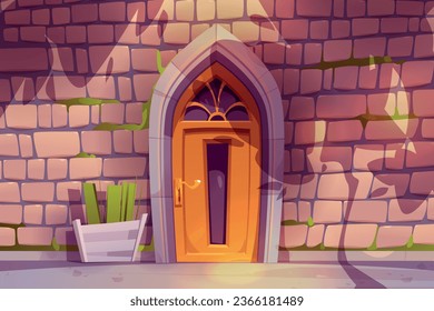 Old stone building wall with wooden door. Vector cartoon illustration of ancient house facade, plant shadows on brick front, gothic arch doorway decorated with glass windows, green grass in flower pot