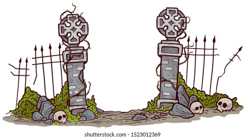 
Old stone cartoon gates with broken bars. The entrance to the cemetery. Isolated on a white background. Colorful vector illustration.