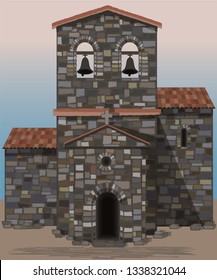 Old stone castle church in visigothic style. vector illustration