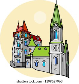 An old stone castle with green and red roofs and a small clock tower. 
Hand drawn vector illustration. 