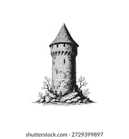 Old stone castle tower in engraving.