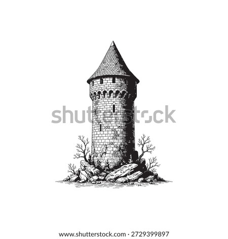 Old stone castle tower in engraving.
