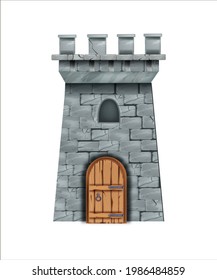 Old stone castle tower, vector medieval brick wall fortress, wooden door, loopholes. Fairytale game history building, gray donjon, window, city entrance. Castle tower isolated fantasy illustration