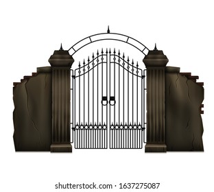 Old stone cemetery fence and lattice gate on white background realistic vector illustration