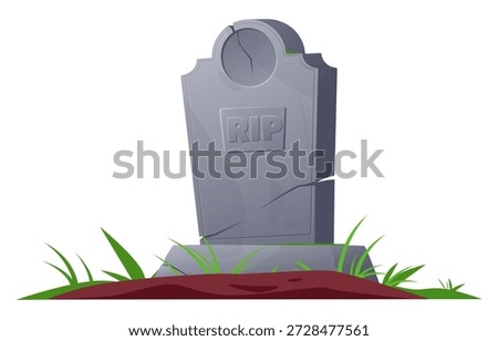 Old stone cemetery monument. Gravestone overgrown with grass. Halloween graveyard. Mystery crypt. RIP obelisk. Tombstone obelisk with crack fissures. Isolated burial headstone. Vector gothic memorial