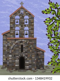 Old stone church with bells and arched entrance in visigoth styles and olive tree, vector illustration